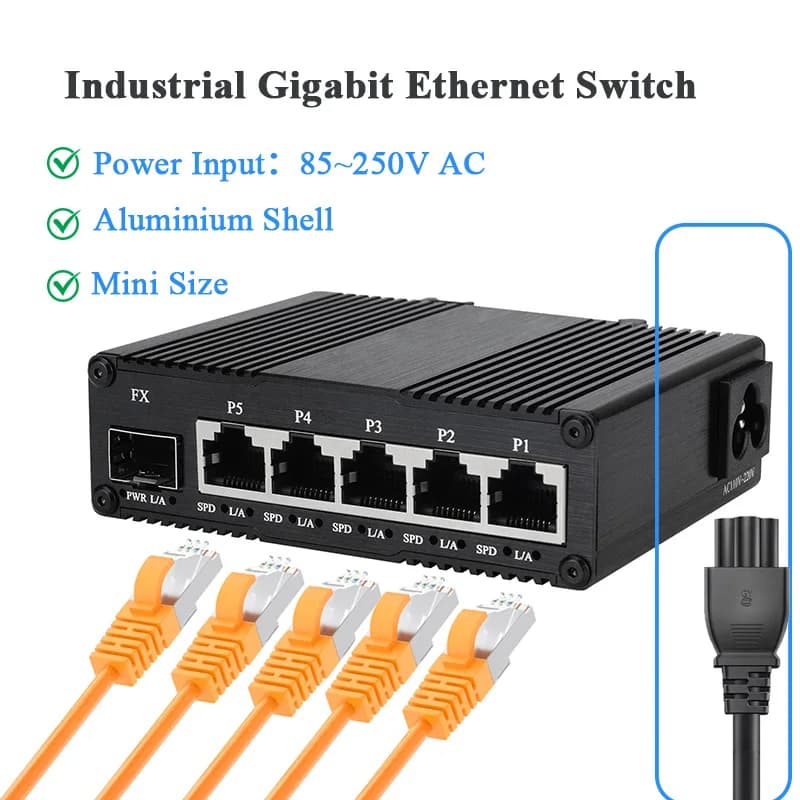 Industrial 5 RJ45+1 SFP Fiber Switch:5-Port 10/100/1000Mbps Network Switch,Din Mount Gigabit Ethernet Switch,AIuminum Shell