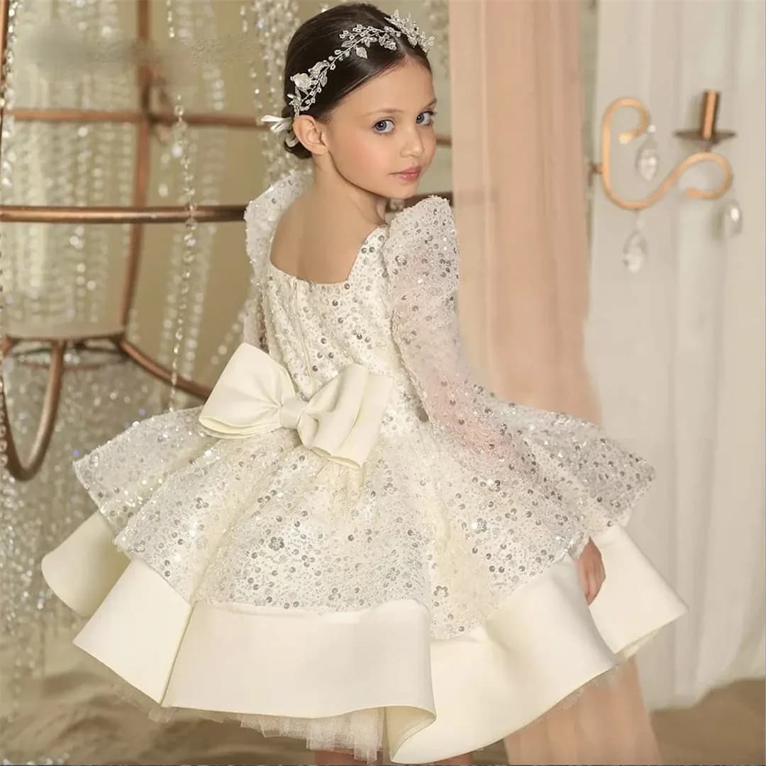 Glitter  White Sequined Flower Girl Dresses Long Sleeves Birthday Wedding Guest Robe De Demoiselle Princess Communion