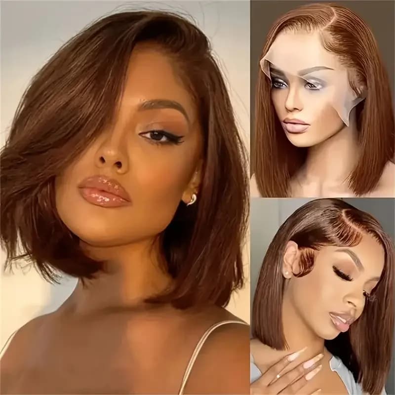 200 densityBrazilian Human Hair  Chocolate Brown Short Bob Bone Straight 13x4 HD Transparent Lace Front Human Hair Wig For Women