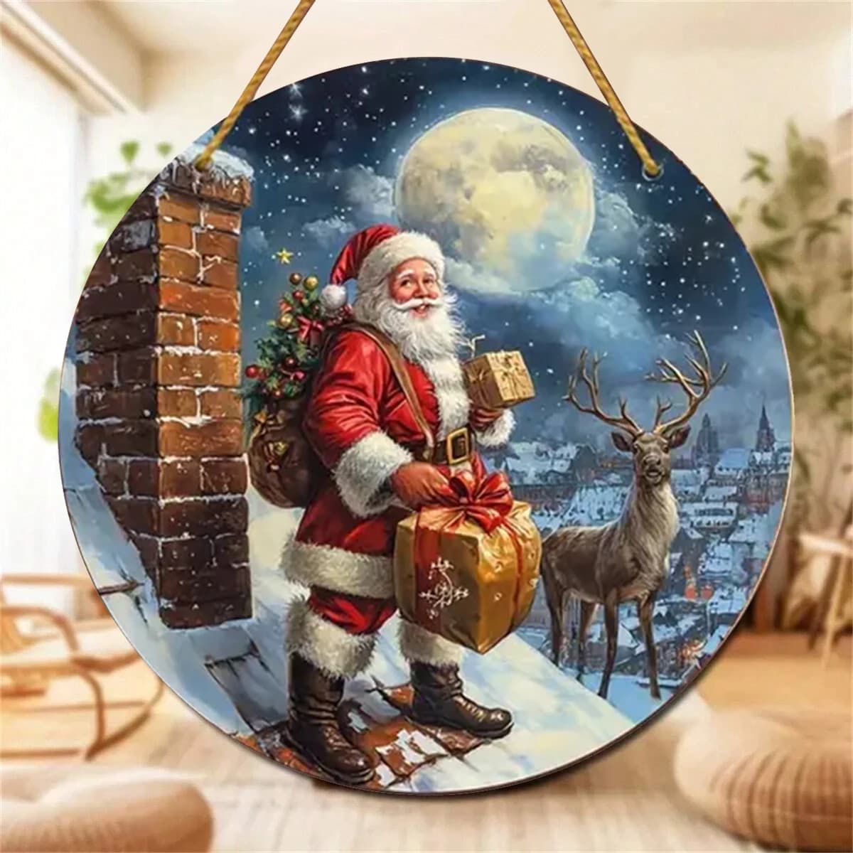 Merry Christmas Red Santa Claus Berry Cake Snowflake Jungle Xmas Wood Porch Wreath Hanging Print Sign Painting Home Fence