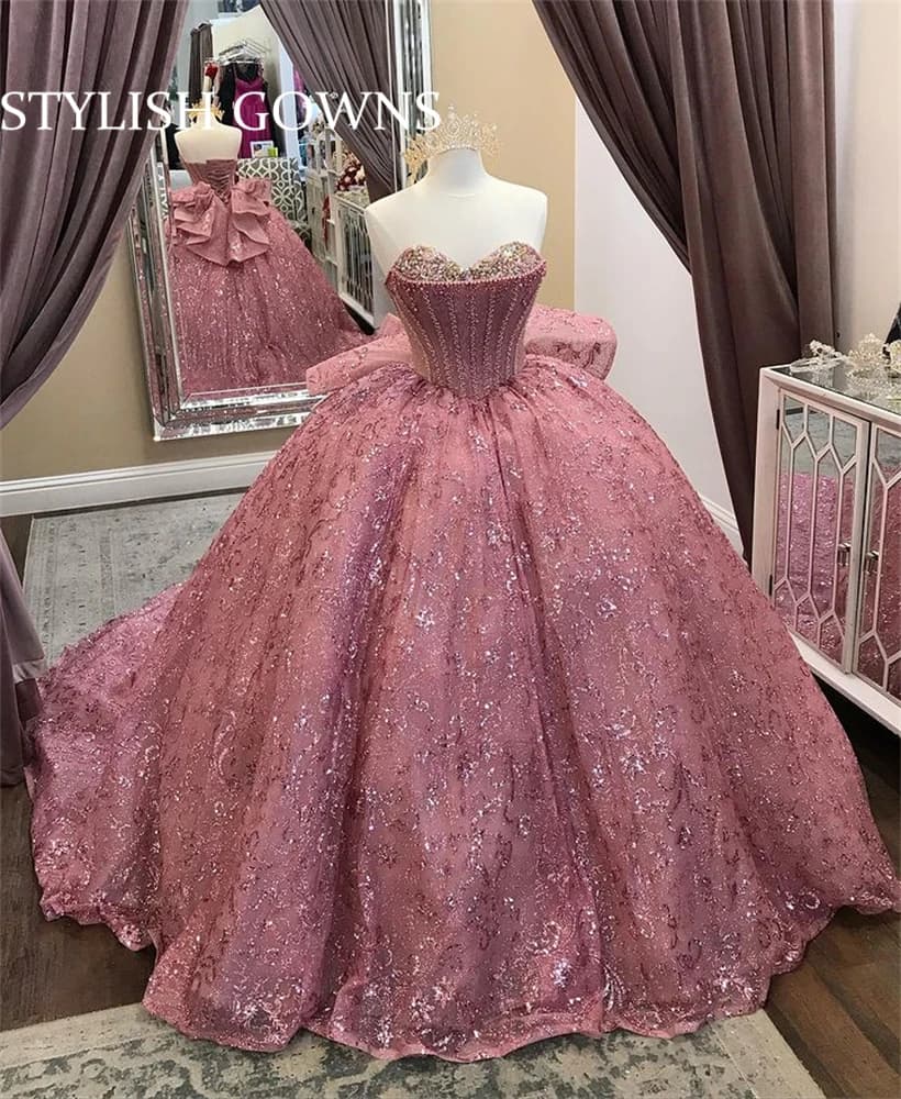 Pink Beaded Quinceanera Dresses Ball Gown 2023 Sweetheart Rose Gold Sequins Sweet 16 Dress Lace-up Prom Robe De Bal Customized