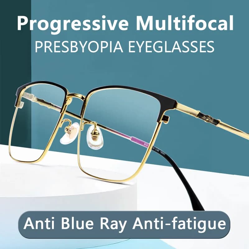 Progressive Multifocal Reading Glasses Blue Light Blocking Men,Large Oversized Metal Frame,  Computer Readers Anti UV/Eyestrain