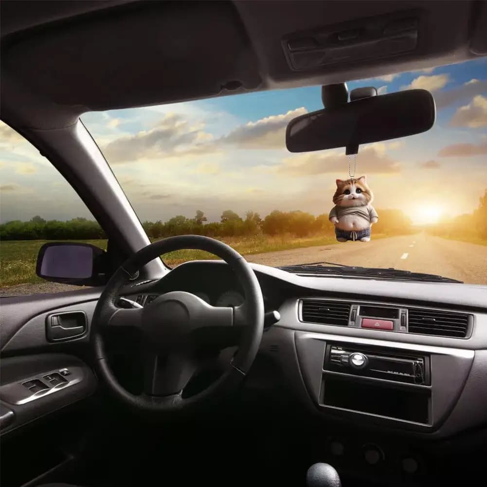 2D Car Cute Cat-Shaped Pendant Realistic Animal Rearview Car Schoolbag Decor Accessories Interior Mirror Hanging Keychain A2H4