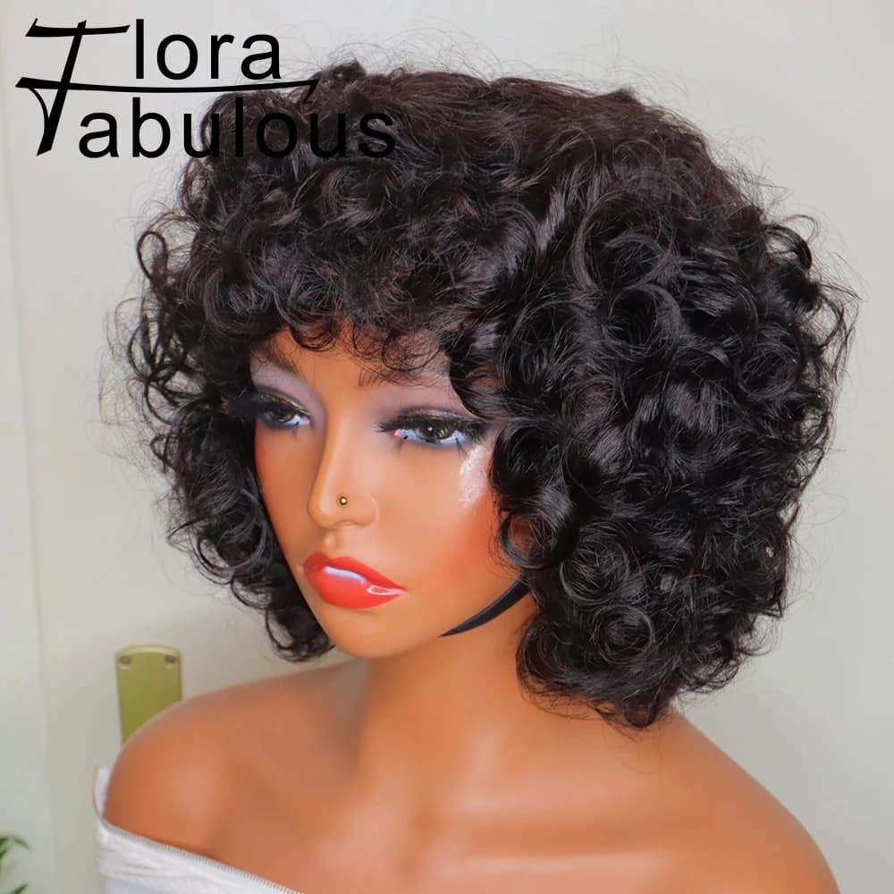 Fluffy Bouncy Curly Human Hair Wigs with Bangs perruques cheveux humains 180% Density Funmi Curls Short Bob Wig for Black Women