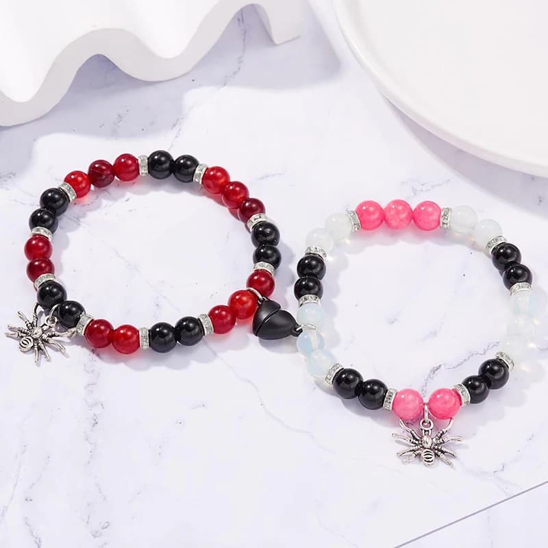 2 Pcs Halloween Spider Couple Bracelets For Women Men Heart Magnetic Matching Bangles Stone Crystal Beads Bracelets Jewelry