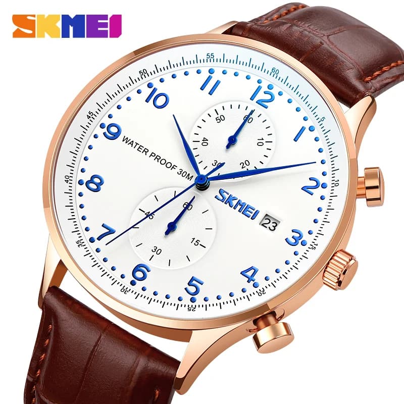 SKMEI Stopwatch Quartz Watches For Men Mens Top Brand Luxury Genuine Leather Strap Waterproof Date Wristwatch Clock Reloj Hombre