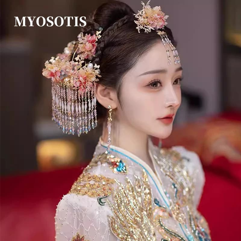 Xiuhe Hair Tiara Bridal Chinese Style Pink Elegant Wedding Dress Phoenix  Head Accessories Hairpin Set Jewelries