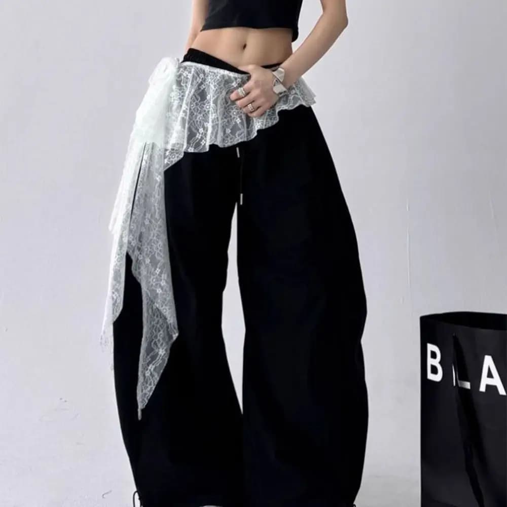 Jeans Pants Decor Embroidered Flower Lace Mini Skirt Irregular See Through Ruched Skirts High Waist Harajuku Pleated Skirts