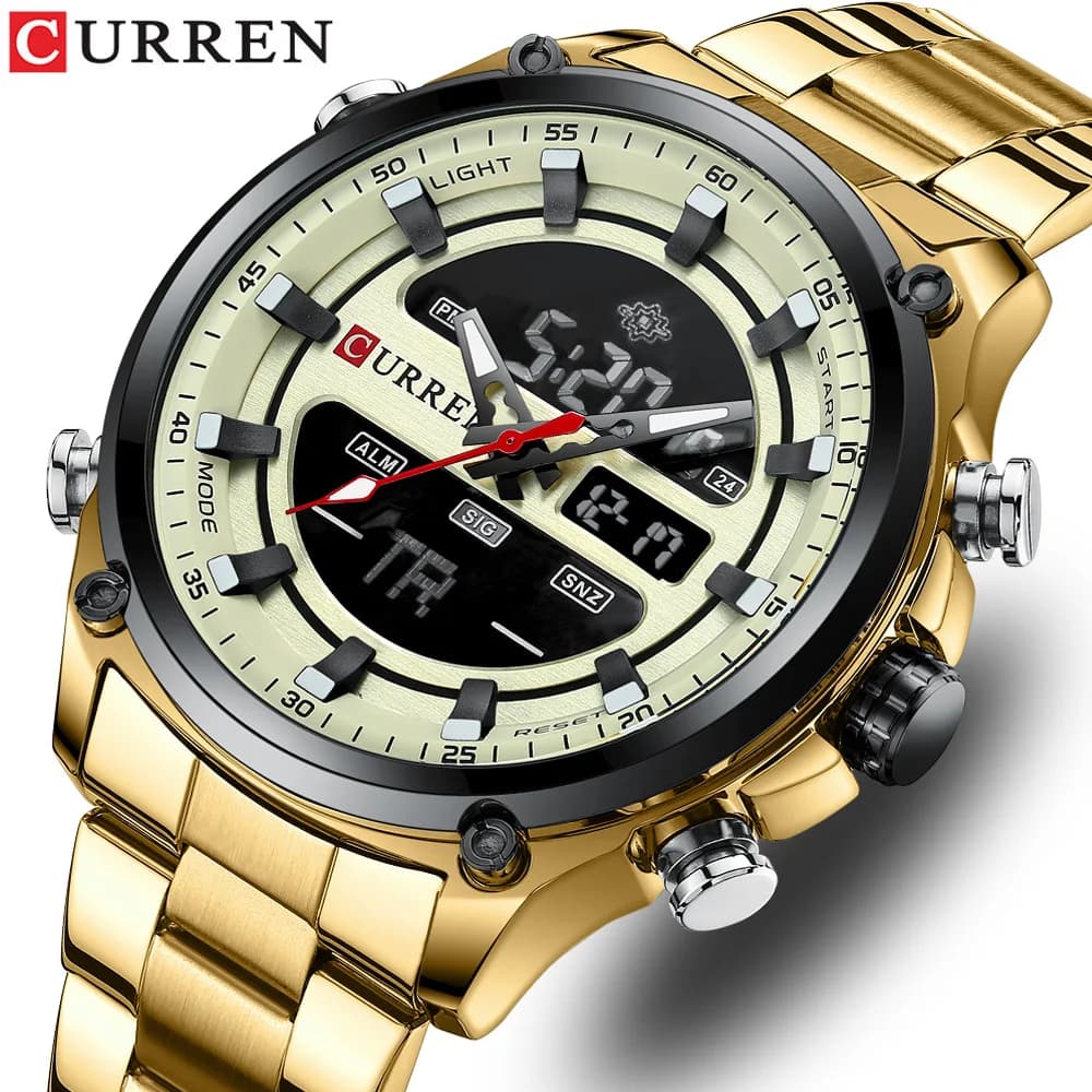 CURREN 8404 Men's Watch Dual Movement Quartz Wristwatch Sports Gold Silvery Stainless Steel Strap Clock for Male