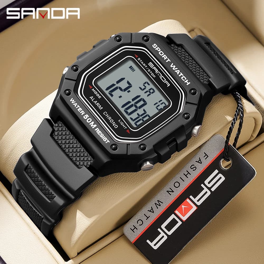 SANDA 2156 Men Watch New Model Electronic Digital Movement Rectangle Led Display Dial Outdoor Sports Watertight Male Wrist Watch