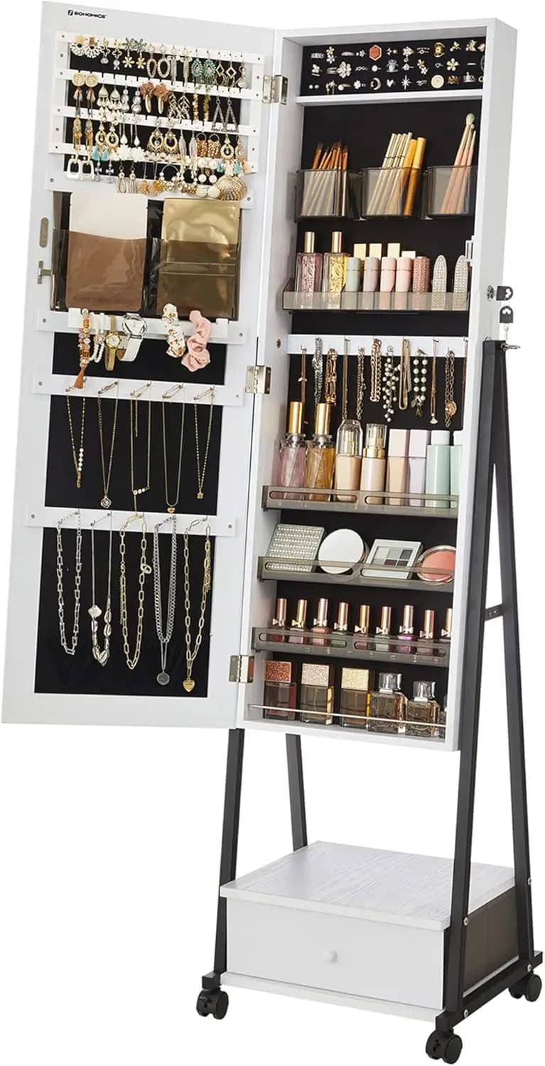 Jewelry Cabinet Floor Standing, Lockable Jewelry Organizer with High Full-Length Mirror, Bottom Drawer, Shelf, Wheels, Jewelry A