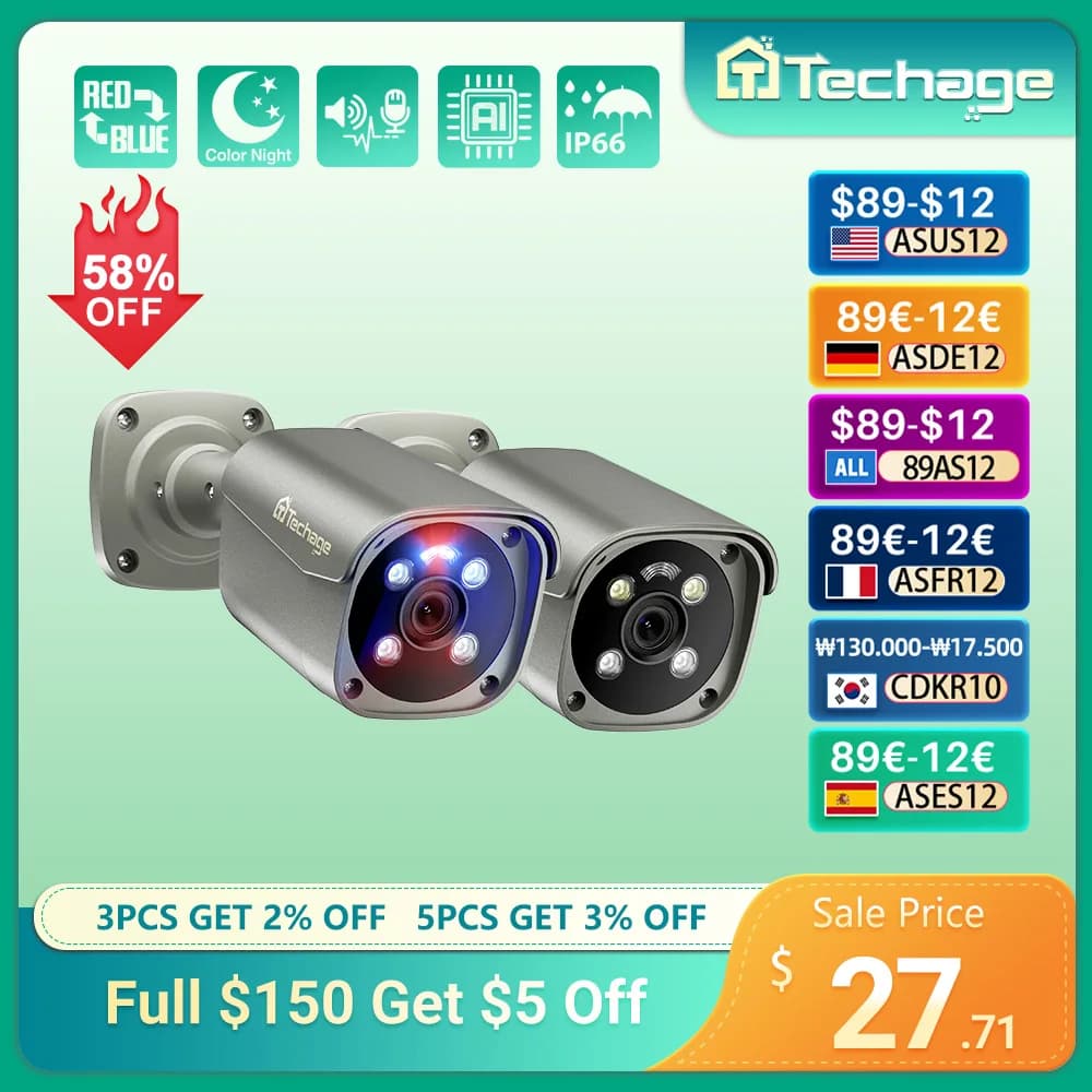 Techage UHD 4K 8MP 5MP Security POE Camera Smart AI Human Detect Outdoor Two-way Audio IP Camera CCTV Surveillance Color Night