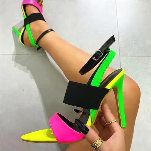 Hot Pink Yellow Black Green Leather Patchwork Pointed Open Toe Thin Heels Summer Sandals Woman Roman Stretch High Heel Shoes