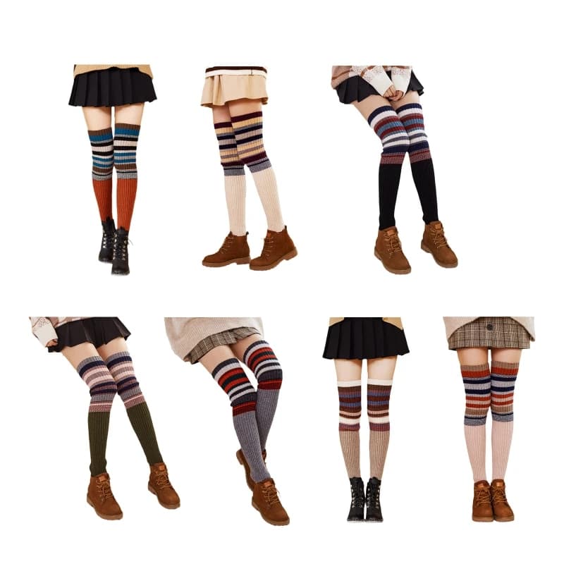 Women Winter Warm Leg Warmers Striped High Knee Socks Boot Cuffs Gaiters Gift