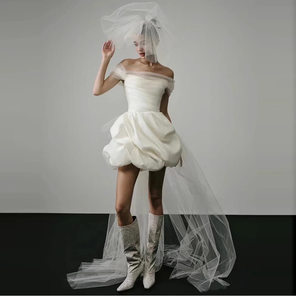 Prom Dress A-Line Short Prom Dress Cocktail Dresses Satin Tea-Length Sexy Prom Dress with Half Sleeves off the shoulder