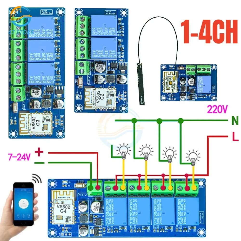 DC 7-24V WiFi Remote Control Switch Bluetooth Dual Mode Wireless Relay Module 1/2/3/4 Channel Relay Smart Home Automation