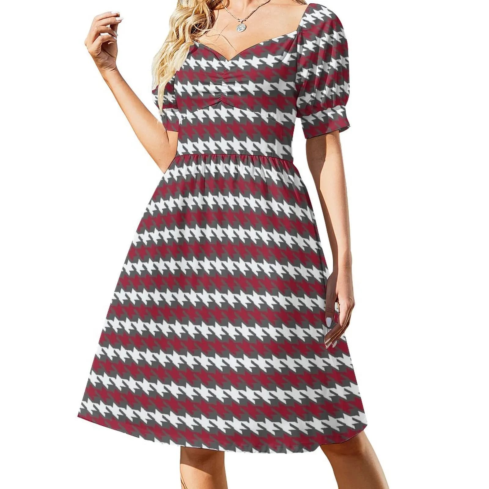 Crimson 20 Houndstooth - Crimson and White Short Sleeved Dress summer dress dress women summer