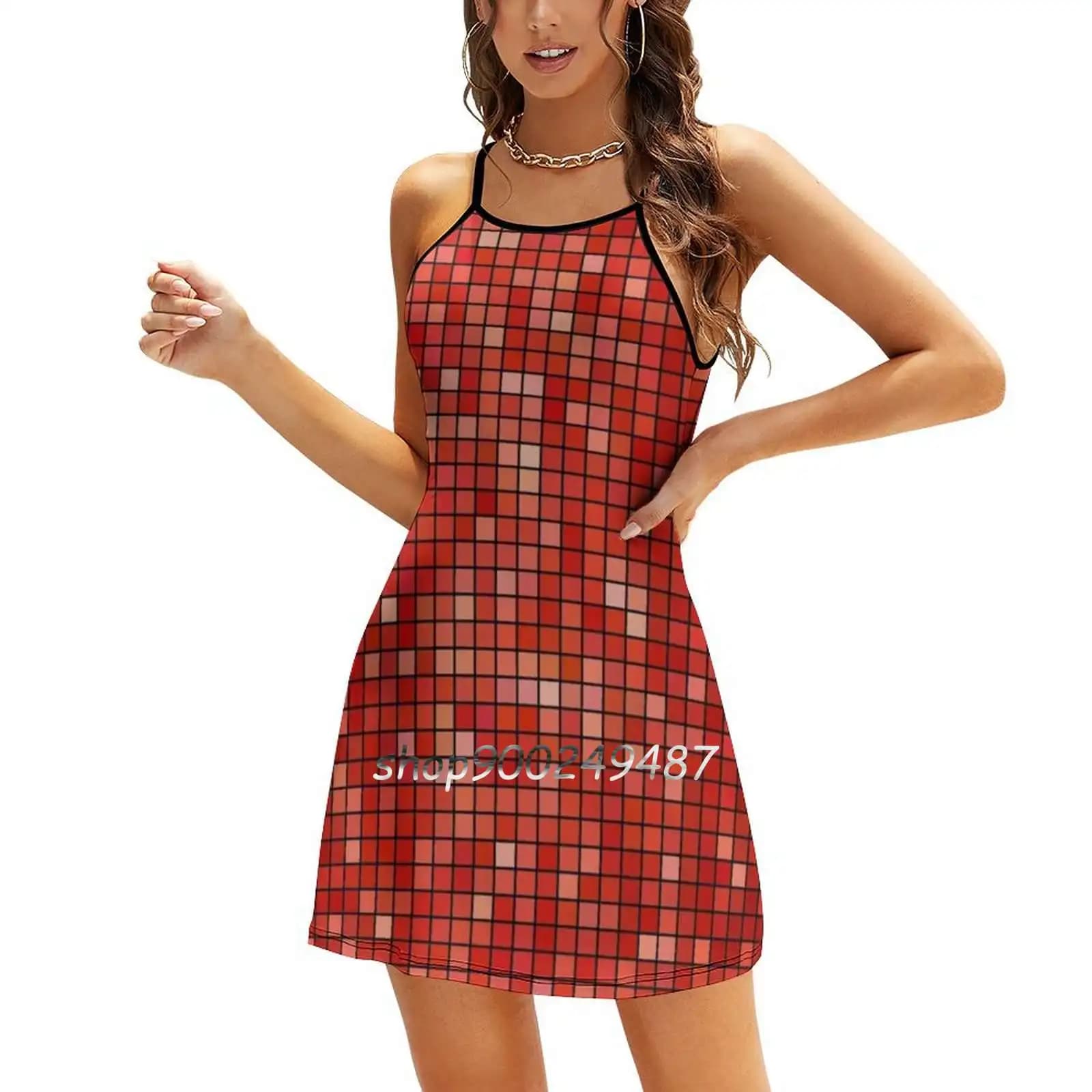 Red Silver Sequins Look-Glitter Pattern Flare Dress Square Neck Dress Elegant Female Fashion Printed Dress Sequins Dancing