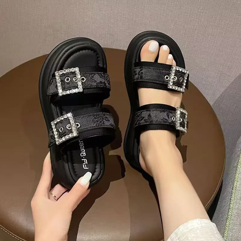 Leather Square Button Rhinestone Slippers Fairy Wind Beautiful Simple Thick Sole Increase Comfortable Light Beach Sandals