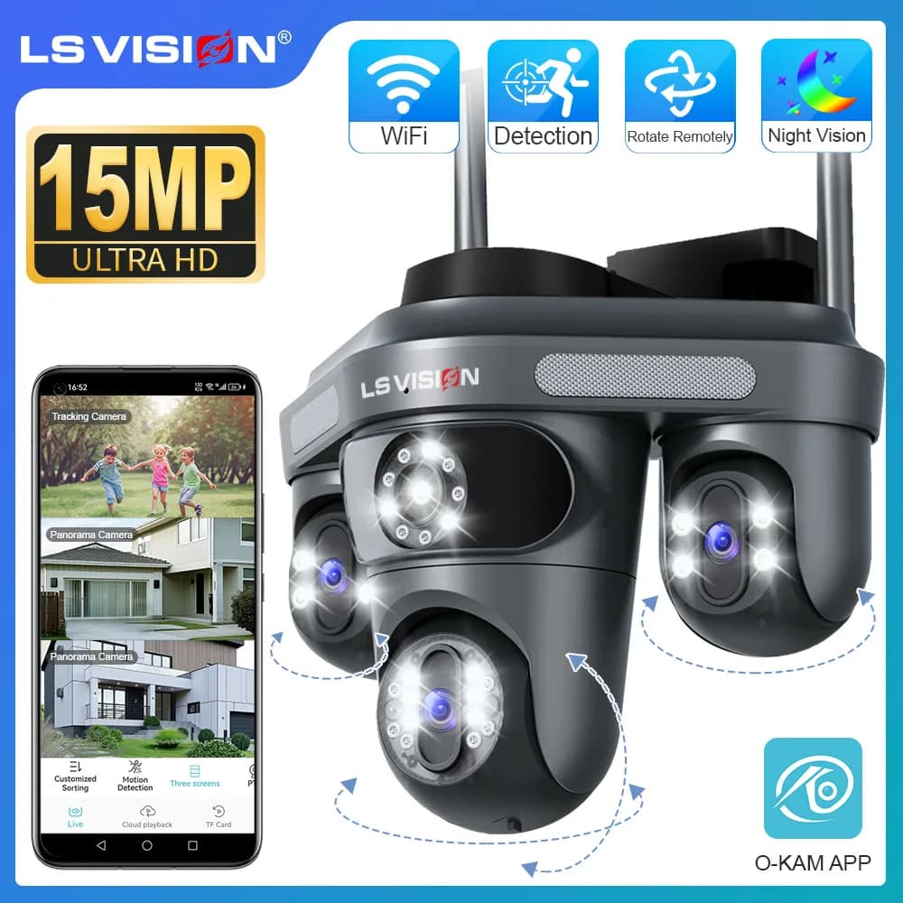 LS VISION 15MP Three Screens WiFi IP Camera Wireless Outdoor Three Lens PTZ 2-Way Audio Human Auto Tracking Surveillance Cameras