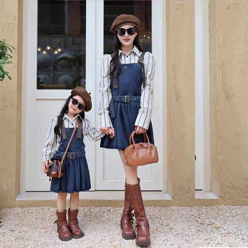 2025Mom and Denim Sleeveless Dresses Women Dress Mother Daughter Matching Fashion OutfitsBaby Girls Cotton Long Sleeve Blouse +