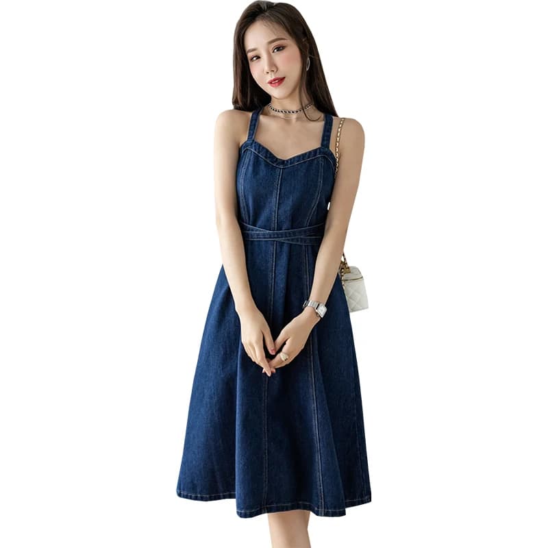 5XL Denim Dress Women's Spring Summer 2022 New Korean Sleeveless Suspender Dress Ladies Lacing Waist Retraction Cowboy Dress