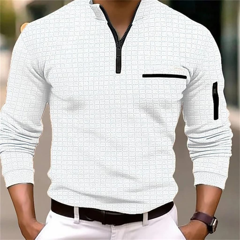 2024 spring and autumn new men's casual checkered POLO shirt arm zipper sport T-shirt trend men stand collar long sleeve top