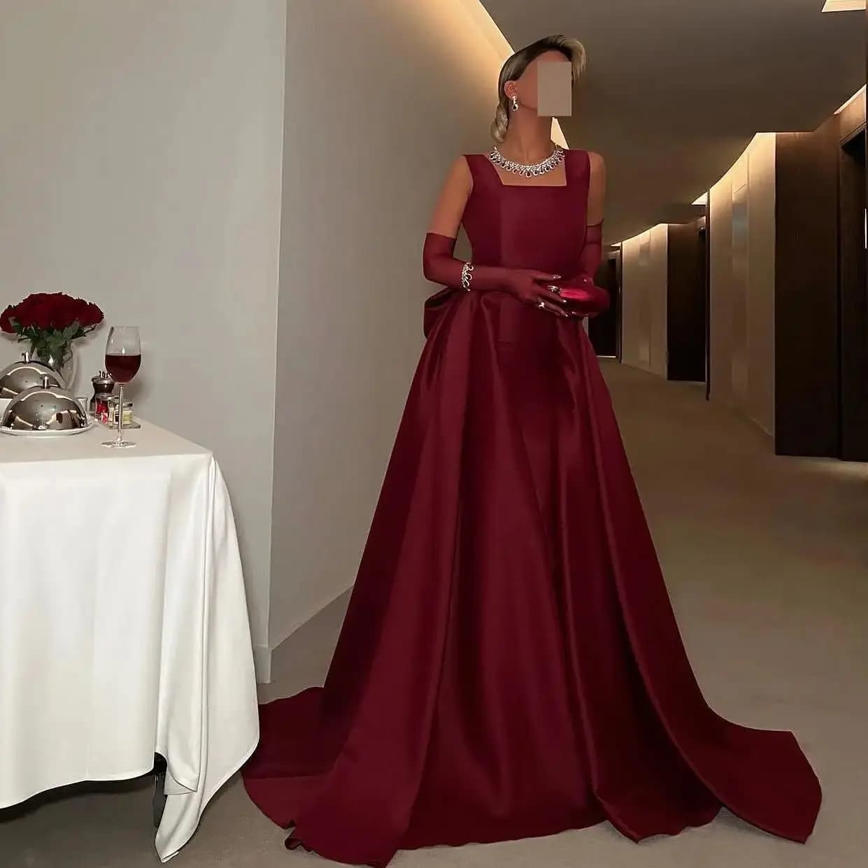 Adeli Sexy Burgundy A-Line Prom Dress Women's Saudi Square Neck Bow Party Evening Gown Floor Length Special Occasion Dresses