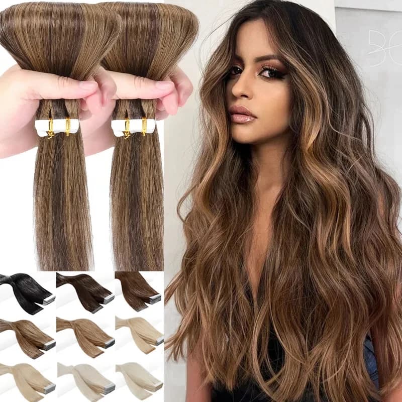 Double Side Adhesive Tape In Straight Hair Skin Weft Russian Remy Human Hair Extensions #4/27 Highlight Color Brown Tape Ins