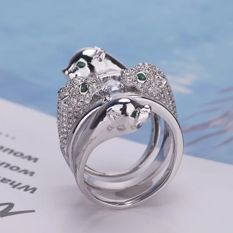 Europe America Fashion New Style Men Women Lady Inlaid Cubic Zircon Four Leopard Heads Silver Color Ring Size US6-US9