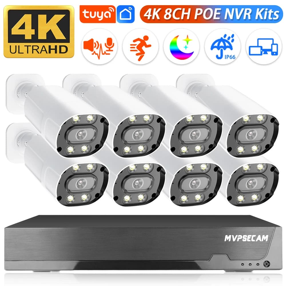 Tuya 8CH Video Surveillance System HD 4K Outdoor Security Camera 8MP 3.6mm Motion Detection Color Night Vision IP Camera Set POE
