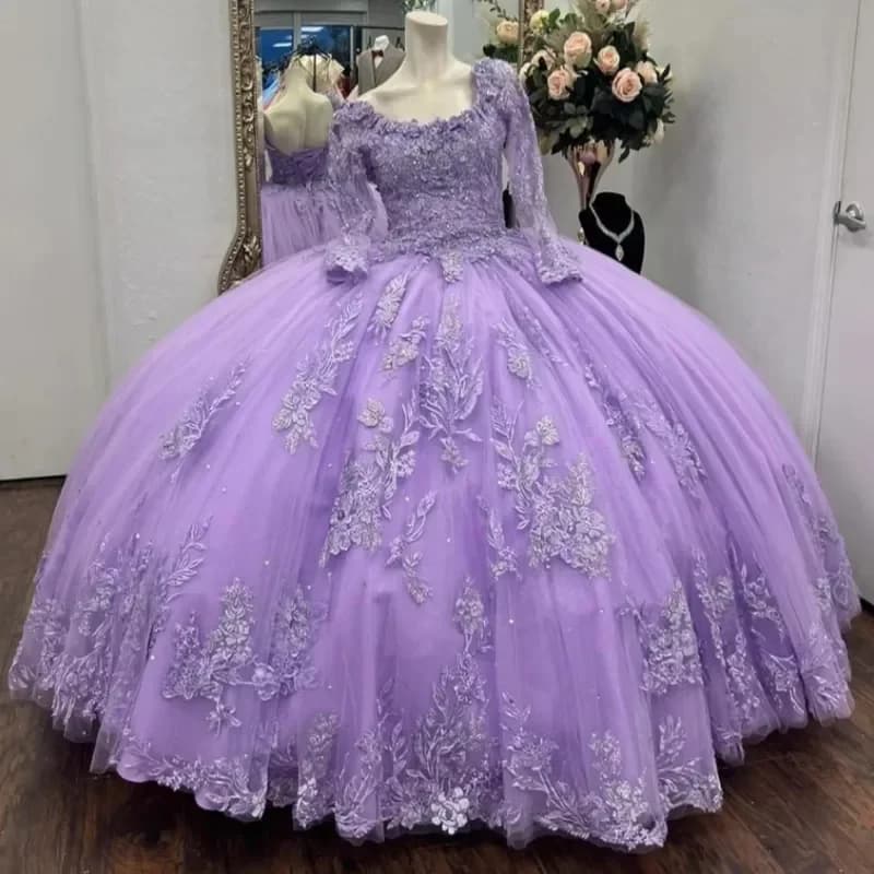 Glitter Lavender Quinceanera Dresses O-Neck Gown Lace-Up Long Sleeve Ball Tull Corset Sweet 16 Vestido De 15 Anos Customized