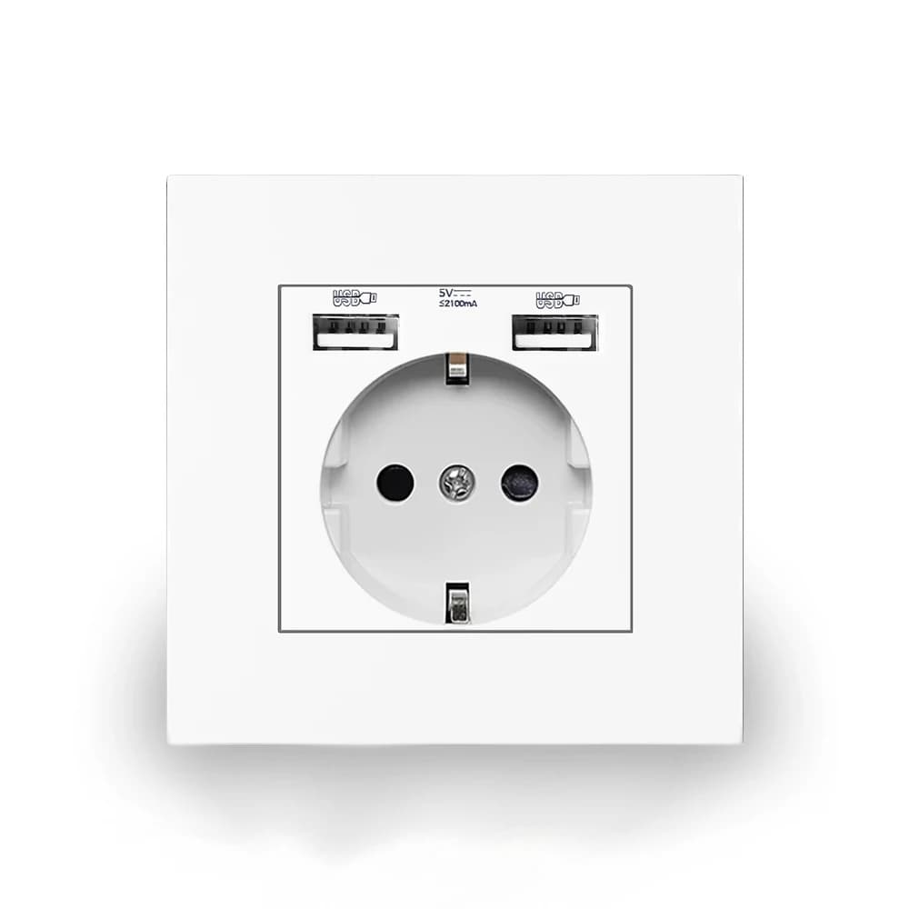 EU Wall USB Power Socket,5V 2.1A Electrical Outlet,86mm*86mm 16A Dual USB Port IOS Android Phone Charging Port Plug Socket