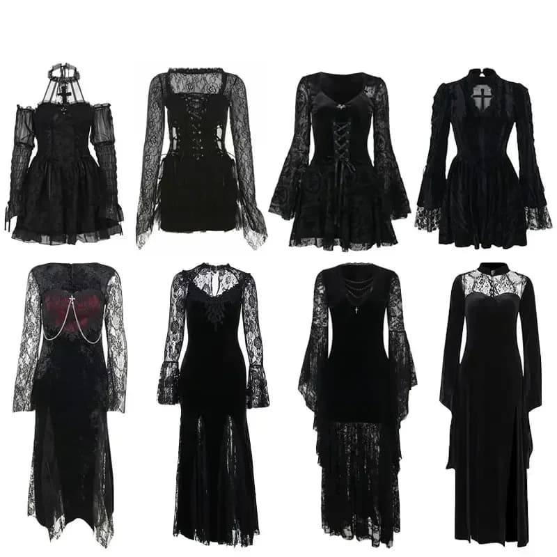 Halloween Gothic Grunge Punk Women Dress Long Sleeve Lace Slim Black Dresses 2024 New Y2K Harajuku Lolita Fairy Core Party Dress