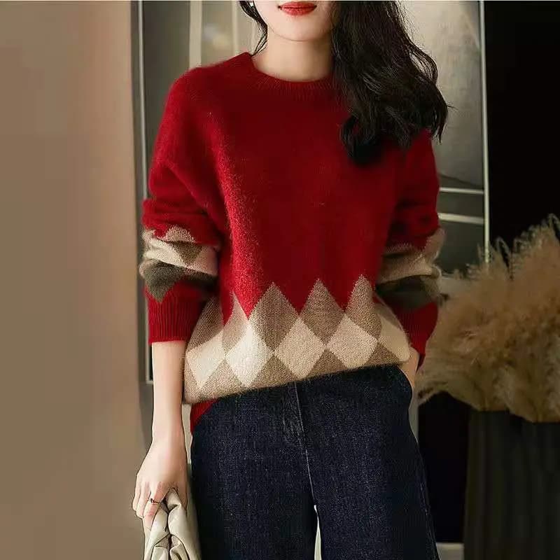 Stylish O-Neck Knitted Spliced Loose Lattice Sweaters Women's Clothing 2022 Autumn New Casual Pullovers Long Sleeve Warm Tops
