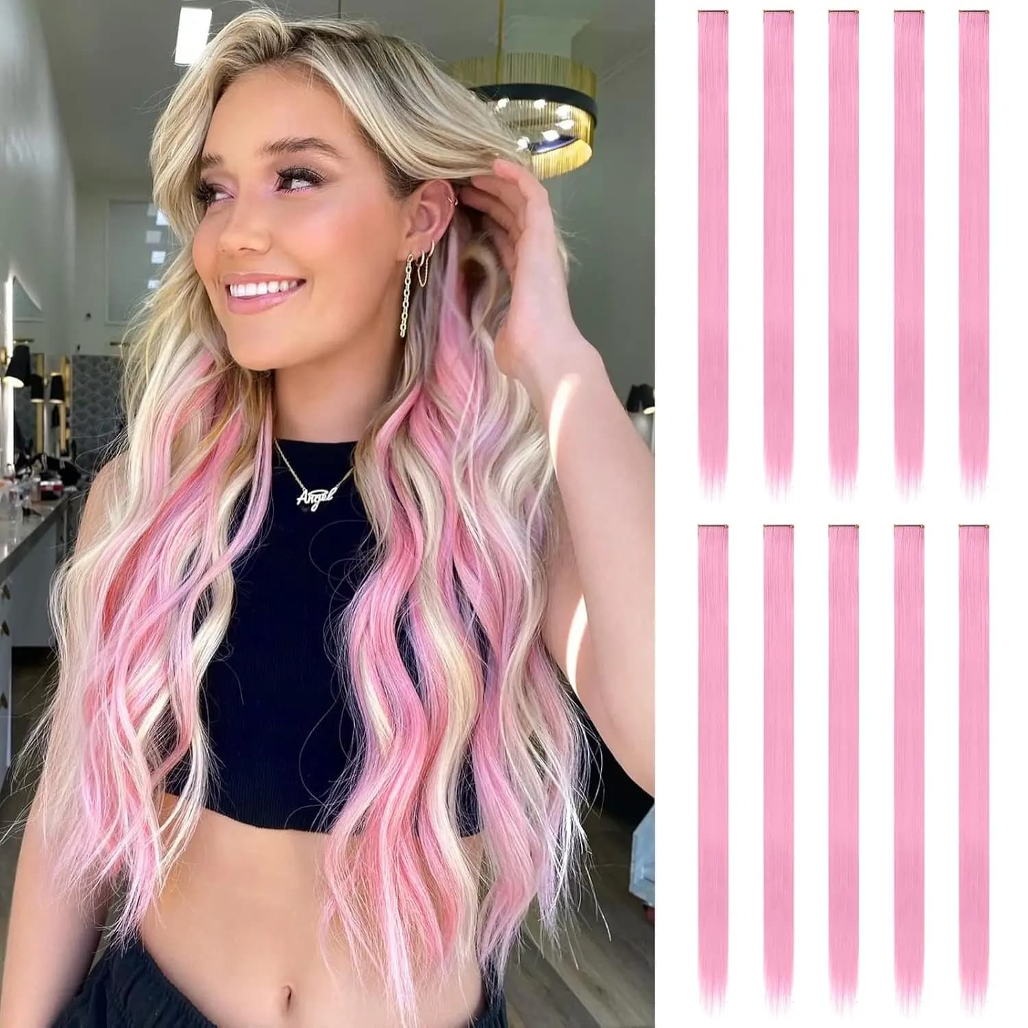 22 Inch Hair Extensions Clip ins, 6/12 Pcs Pink Hair Extensions Colored Hair Extensions  Party Highlights Long synthetic Hair