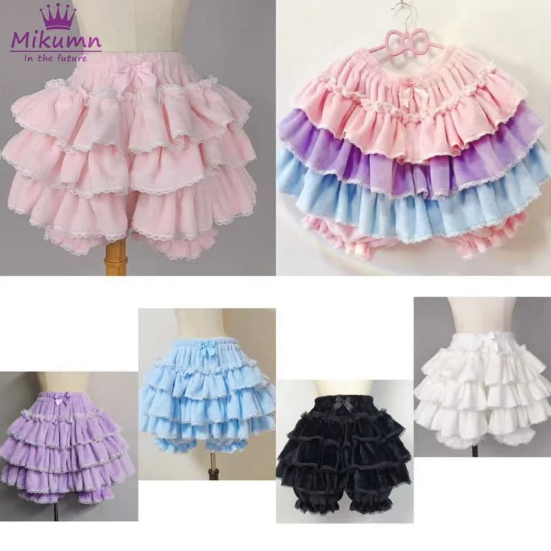 Harajuku Y2k Sweet Pink White Pumpkin Pants Lolita Autumn Winter JK Plush Shorts Japanese Kawaii Ruffles Lantern Shorts