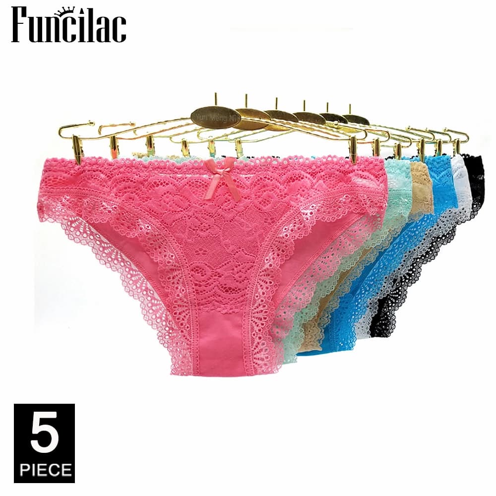 Womens Underwear Cotton Sexy Front Lace Low Waist Hipster Panties Briefs Ladies Knickers for Woman 5 Pcs/set