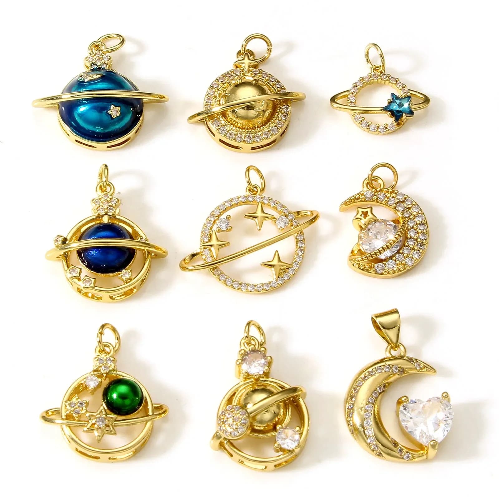 Copper Galaxy Planet Charms High Quality 18K Gold Plated Clear Cubic Zirconia Charms Pendants for DIY Necklace Earrings Bracelet