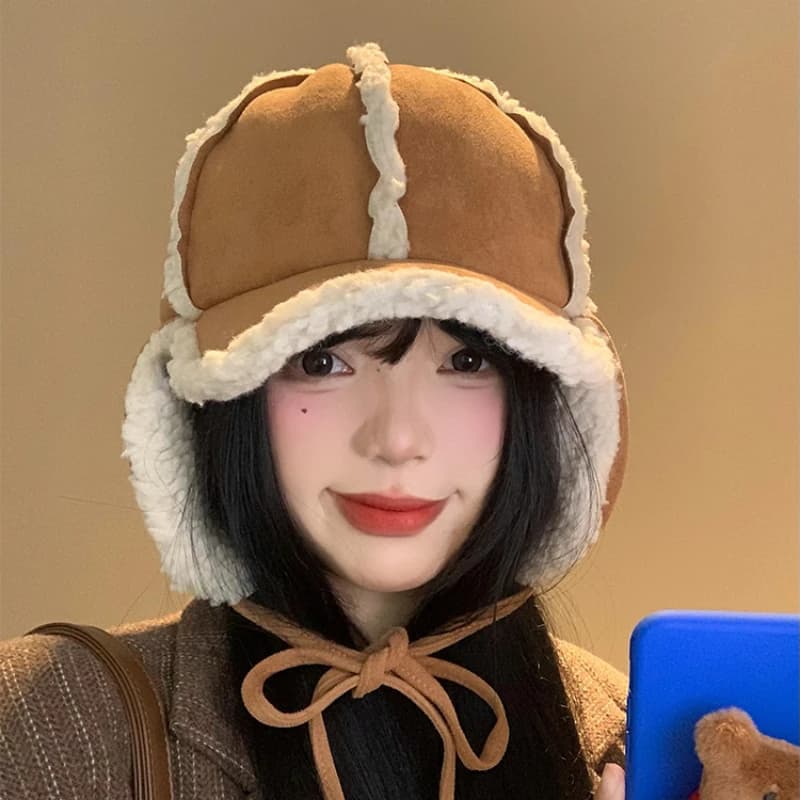 New High-quality Suede Short-brimmed Baseball Cap Unisex Winter Cycling Warm Lamb Wool Lace-up Ear Protectors Bomber Hats