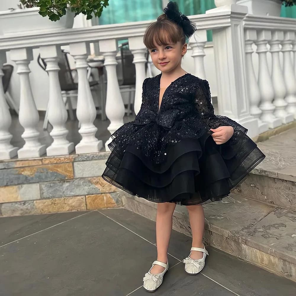 Cute Black Puffy Pageant Gown Long Sleeves Flower Girl Dress A-line Mini Beaded Blue Tiered Wedding Party Dress Birthday