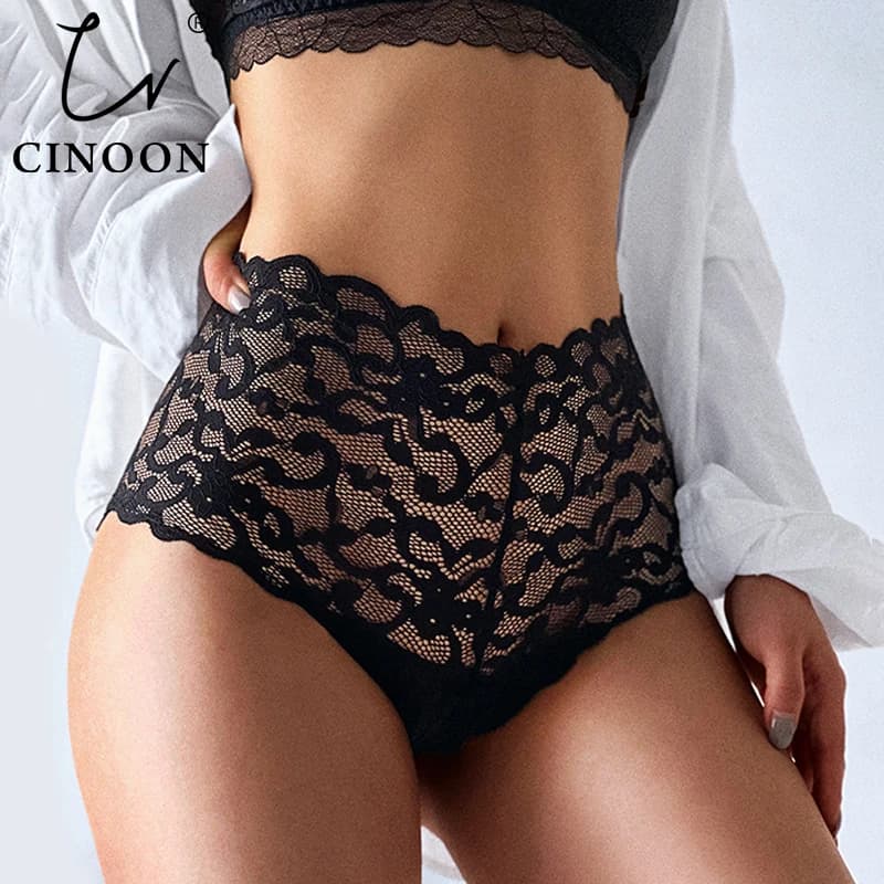 CINOON New Panties Women Lace Underwear Sexy High Waist Briefs Embroidery G String Underpant Solid Transparent Female Lingerie