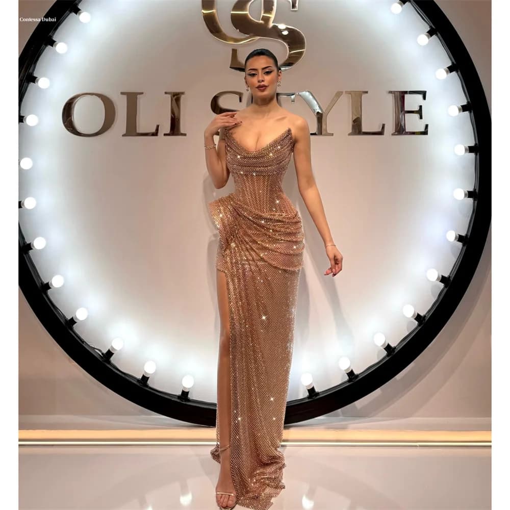 Contessa Dubai Customized Side High Slit Pleated Mermaid Prom Dress Floor-length Strapless Evening Dress Sleeveless Party Dress