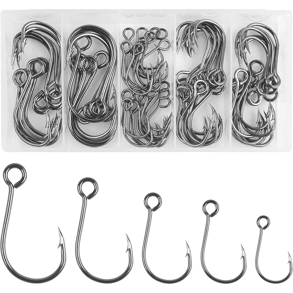 70Pcs Fishing Inline Single Hooks Single Replacement Hooks for Hard Lures Circle Large Eye Single Bait Hooks for Bass Trout Lure