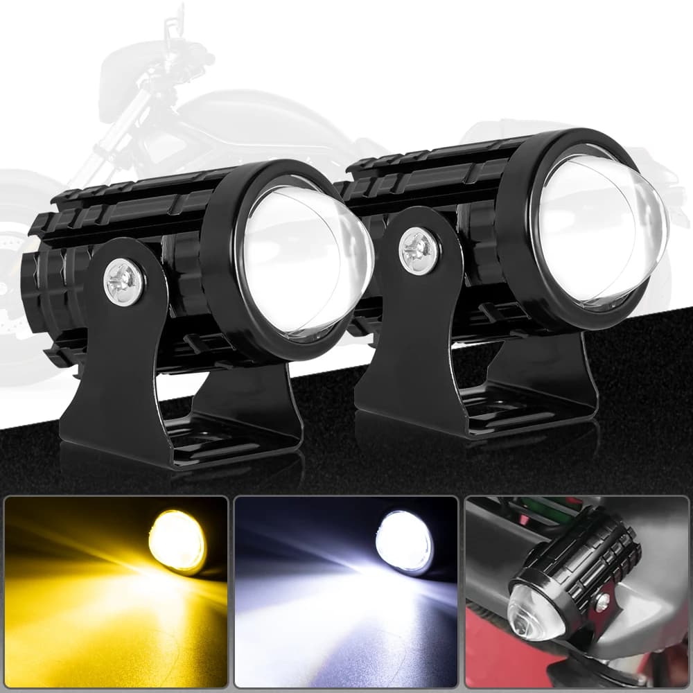 Universal Motorcycle LED Headlight Projector Lens Dual Color ATV Scooter Driving Lamp Fog Light Auxiliary Spotlight Lamp