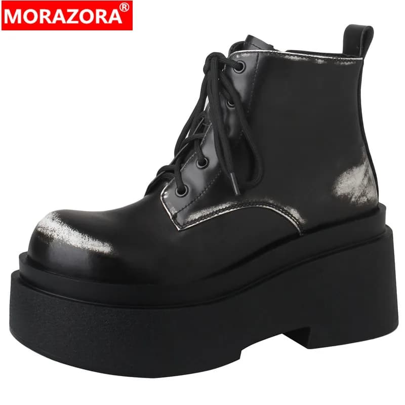 MORAZORA 2024 New Narrow Band Genuine Leather Winter Boots Cool Female Zipper Platform Boots Chunky Heels Ankle Boots