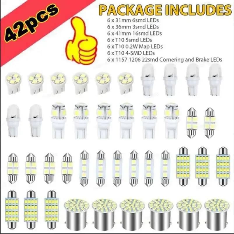 42Pcs Car Lights T10 6000K SMD LED Replacement License Plate/Reading Xenon White Interior Light Bulbs