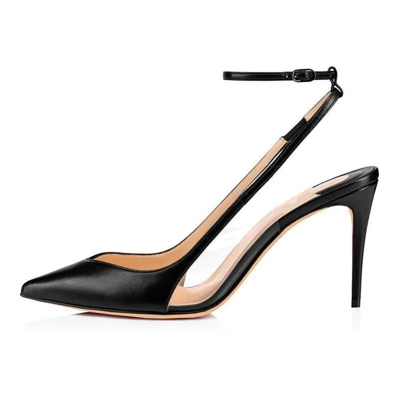 White Black Leather with Transpatent Pvc Thin High Heel Pumps Women Pointed Toe Ankle Wrap Party Dress Shoes Heels