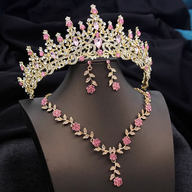3 pcs Pink Bridal Jewelry Sets for Women Crown Flower Choker Necklace Earring Wedding Tiara Bride Costume Accessories