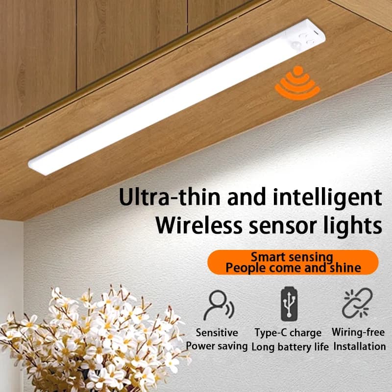 Ultra-Thin Indoor Lighting 3 Color Dimmable Rechargeable Kitchen Cabinet Closet Wardrobe Human Body Sensing LED Light